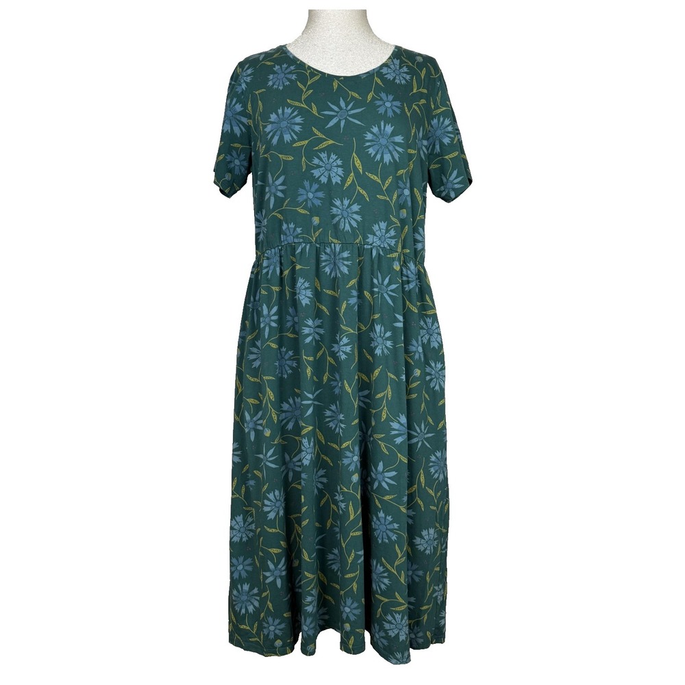 Gudrun Sjoden Dress Womens L Green Floral Jersey Fit & Flare Midi Pockets Boho